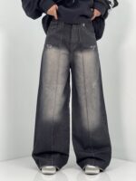 شلوار جین زنانه فول بگ زغالی با سنگشور صدفی