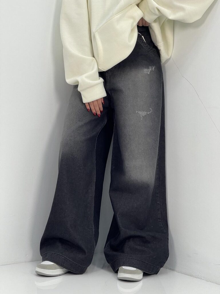 شلوار جین زنانه فول بگ آبی سنگشور سایز بزرگ