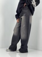 شلوار جین زنانه فول بگ زغالی با سنگشور صدفی