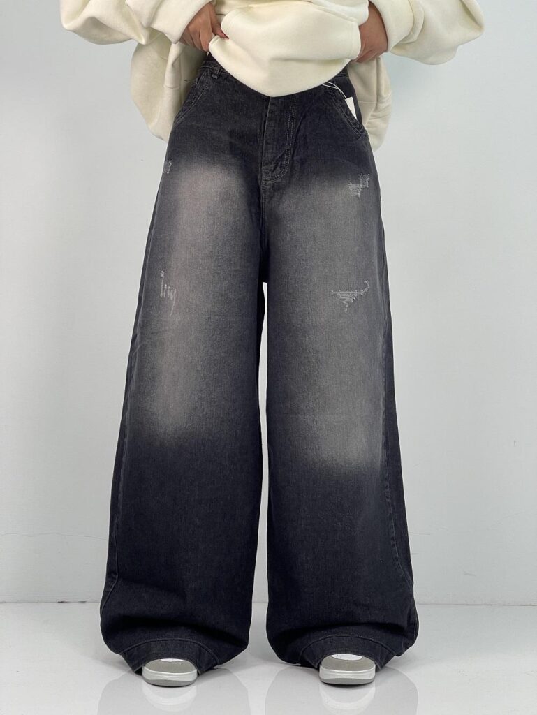 شلوار جین زنانه فول بگ آبی سنگشور سایز بزرگ