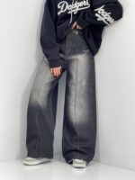 شلوار جین زنانه فول بگ زغالی با سنگشور صدفی