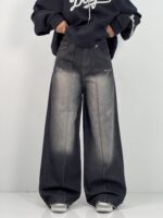 شلوار جین زنانه فول بگ زغالی با سنگشور صدفی