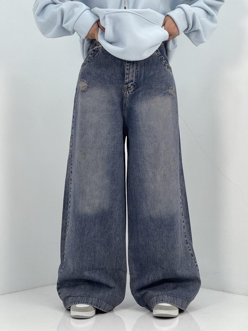 شلوار جین زنانه فول بگ آبی سنگشور سایز بزرگ