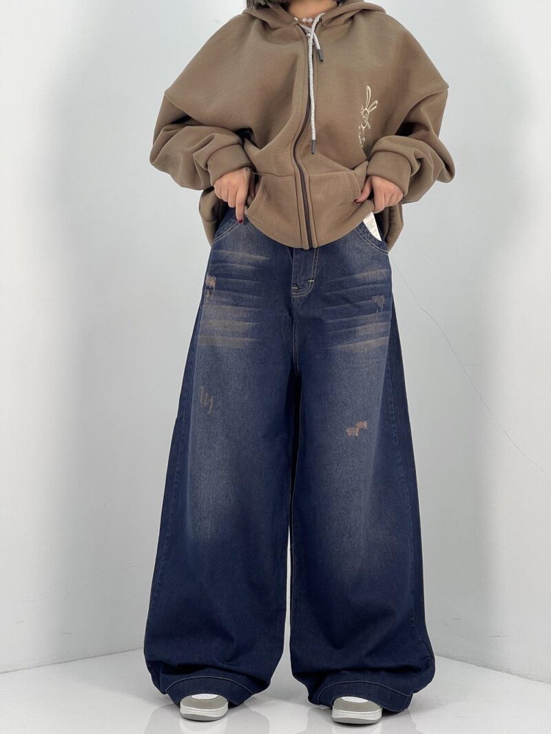 شلوار جین زنانه فول بگ سرمه ای سنگشور سایز بزرگ