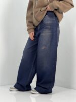 شلوار جین زنانه فول بگ سرمه ای سنگشور سایز بزرگ