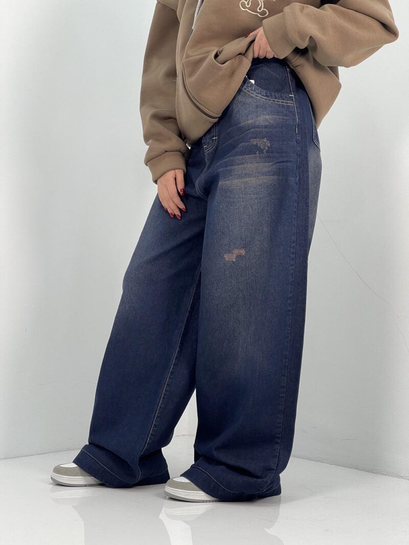 شلوار جین زنانه فول بگ سرمه ای سنگشور سایز بزرگ