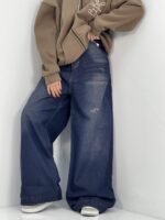 شلوار جین زنانه فول بگ سرمه ای سنگشور سایز بزرگ