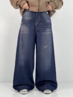 شلوار جین زنانه فول بگ سرمه ای سنگشور سایز بزرگ