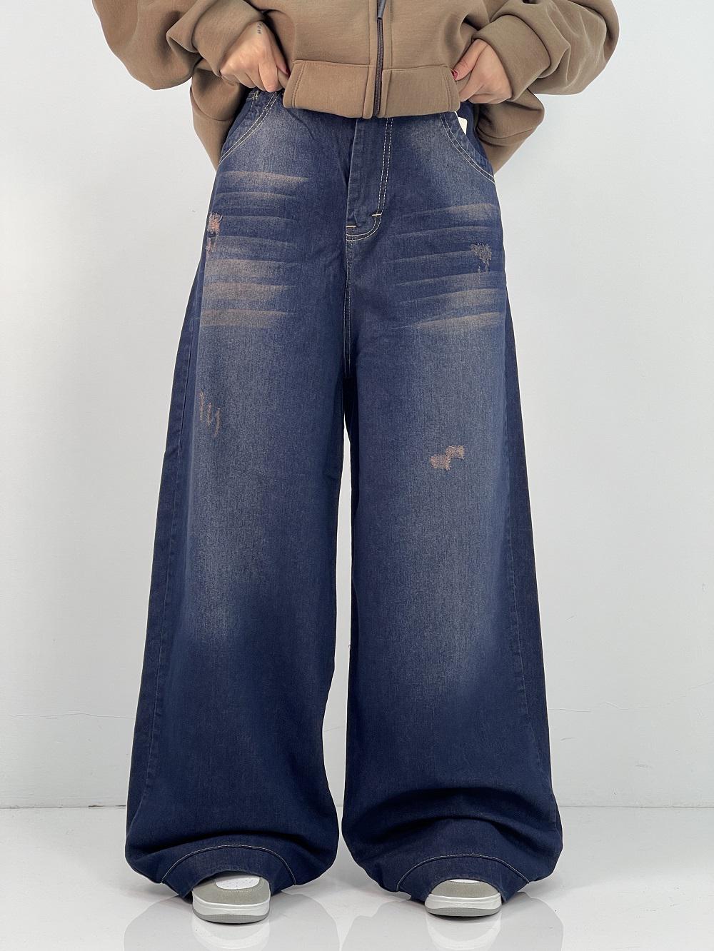 شلوار جین زنانه فول بگ سرمه ای سنگشور سایز بزرگ