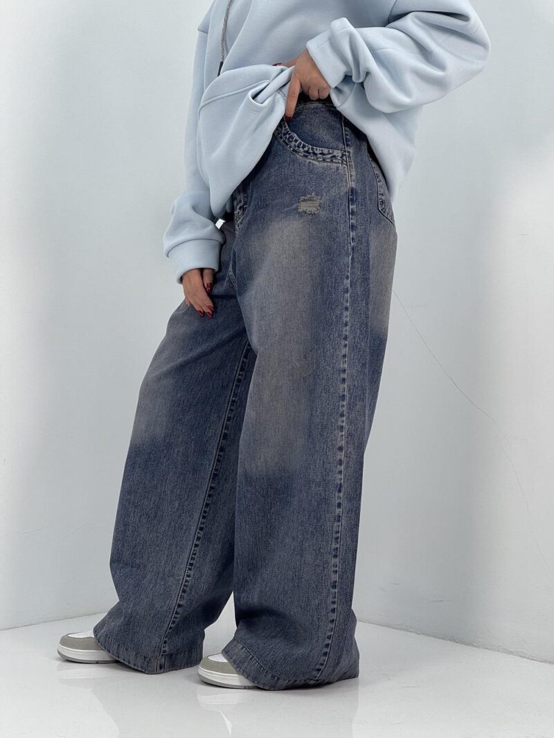 شلوار جین زنانه فول بگ آبی سنگشور سایز بزرگ