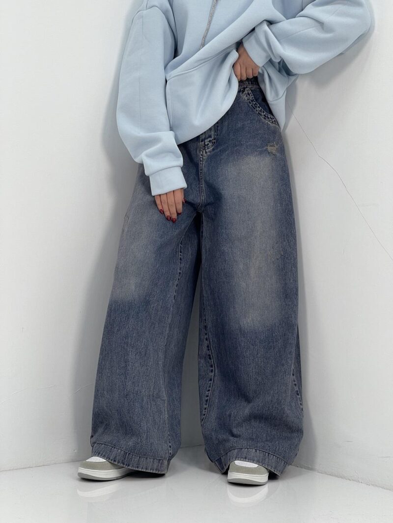 شلوار جین زنانه فول بگ آبی سنگشور سایز بزرگ