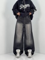 شلوار جین زنانه فول بگ زغالی با سنگشور صدفی