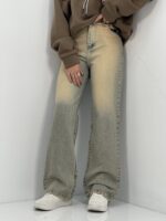 شلوار جین زنانه نیم بگ لیمویی