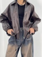 بامبر جکت چرم زنانه قهوه ای