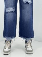 شلوار جین زنانه واید لگ آبی تیره زاپدار
