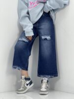 شلوار جین زنانه واید لگ آبی تیره زاپدار