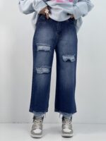 شلوار جین زنانه واید لگ آبی تیره زاپدار
