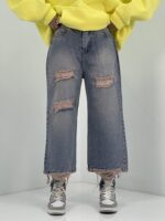 شلوار جین زنانه واید لگ زاپ دار کرم