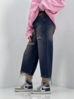 شلوار جین زنانه واید لگ زاپدار سنگشور سرمه ای