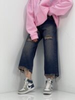 شلوار جین زنانه واید لگ زاپدار سنگشور سرمه ای