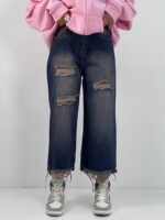 شلوار جین زنانه واید لگ زاپدار سنگشور سرمه ای