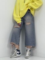 شلوار جین زنانه واید لگ زاپ دار کرم