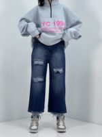 شلوار جین زنانه واید لگ آبی تیره زاپدار