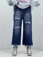 شلوار جین زنانه واید لگ آبی تیره زاپدار