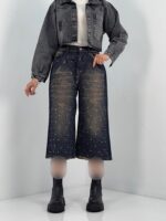 شلوار جین زنانه واید لگ سرمه ای نگین دار