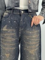 شلوار جین زنانه واید لگ سرمه ای نگین دار