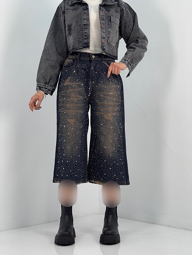 شلوار جین زنانه واید لگ سرمه ای نگین دار