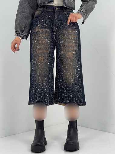 شلوار جین زنانه واید لگ سرمه ای نگین دار