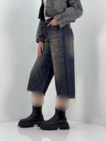 شلوار جین زنانه واید لگ سرمه ای نگین دار