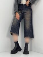 شلوار جین زنانه واید لگ سرمه ای نگین دار