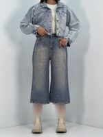 شلوار جین زنانه واید لگ آبی نگین دار