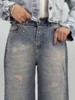 شلوار جین زنانه واید لگ آبی نگین دار