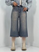 شلوار جین زنانه واید لگ آبی نگین دار