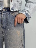 شلوار جین زنانه واید لگ آبی نگین دار