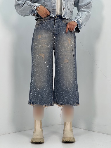 شلوار جین زنانه واید لگ آبی نگین دار